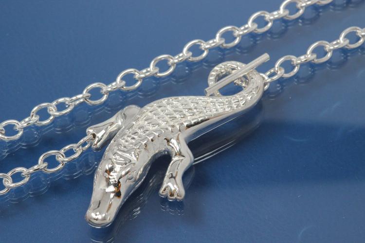 Collier Krokodil plastisch hohl 925/- Silber mit Rundankerkette und Knebelverschluß