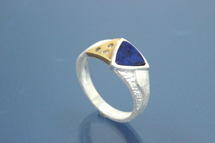 Ring 925/- Silver partially gold plated, 1x Lapislazuli Triangle, 3x white Cubic Zirconia