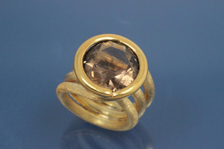 Ring Einzelanfertigung mit facettiertem Rauchquarz, 925/- Silber mit Teilvergoldung und Steiners Spezialoberflächenmuster,