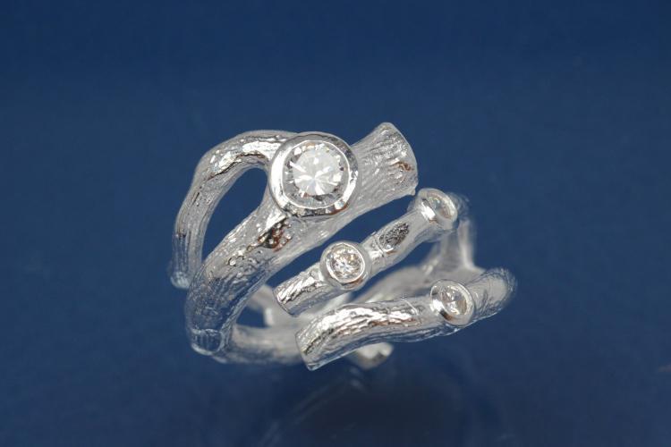 Ring, Tree Branch Design 925/- Silver, with white Cubic Zirconia