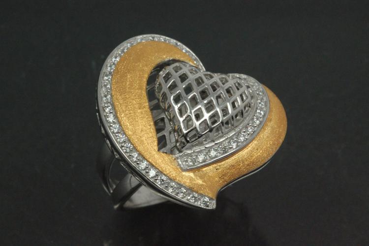 Ring Heart with undergallery 925/- Silver rhodium plated / partially gold plated, with white Cubic Zirconia