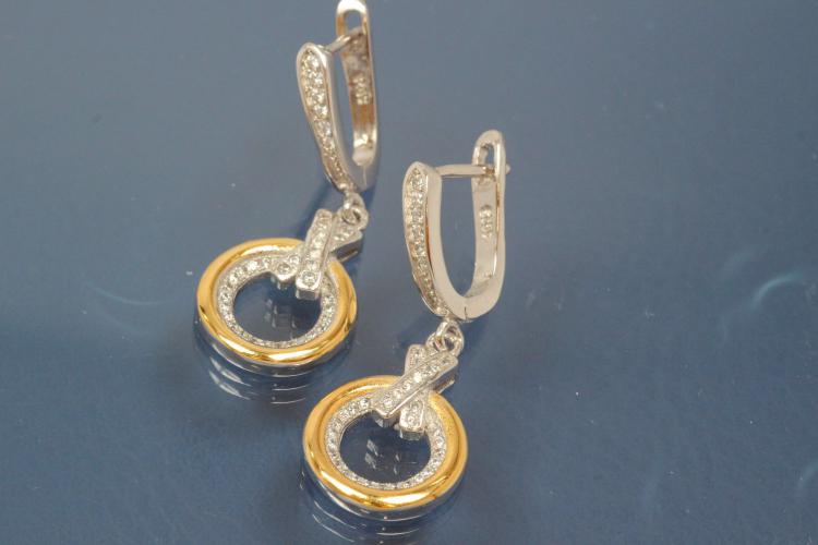 Ohrhänger mit gefasster Brisur 925/- Silber ca. Maße H35,0mm incl. Brisur, B14,0mm rhodiniert / teilvergoldet mit Zirkonia.