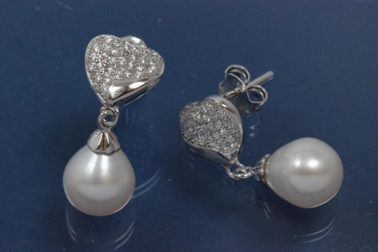 Ohrstecker Herz mit Perle, funkelnden facettierten Zirkonia und 1 x weißen SWP Ø7,5mm, 925/- Silber, rhodiniert ca. A21,0mm, B9,0mm