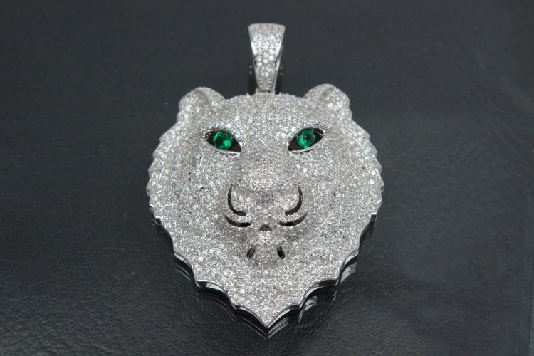 aLEm Pendant Lion King of the Steppe 925/- Silver rhodium plated with white and green emerald Zirconia,