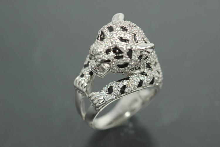 aLEm Ring Wilder Brüllender Gepard - Wild Roaring Cheetah 925/- Silber rhodiniert mit weißen Zirkonia