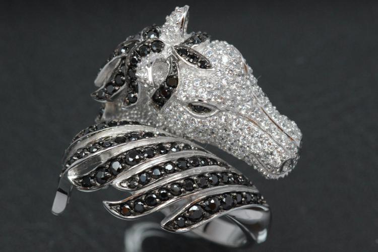 aLEm Ring Horse Head - Wild Mustang 925/- Silver rhodium plated, with white/black Cubic Zirconia