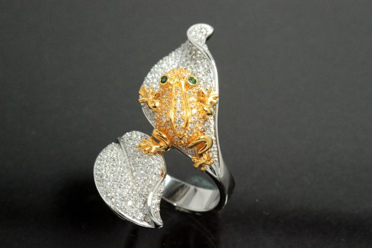 aLEm Ring Goldenes Giftfröschchen 925/- Silber teilrhodiniert / teilvergoldet mit Zirkonia weiß/grün