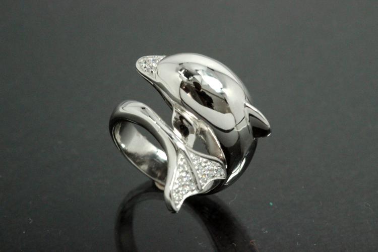 aLEm Ring Delphin 925/- Silber rhodiniert mit weißen Zirkonia