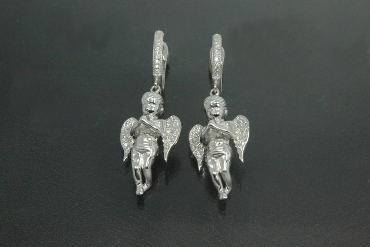 aLEm Earring Flying Angel 925/- Silver rhodium plated with Cubic Zirconia, approx size high 42,0mm incl. leverback, wide 14,5mm, thickness 7,0mm,