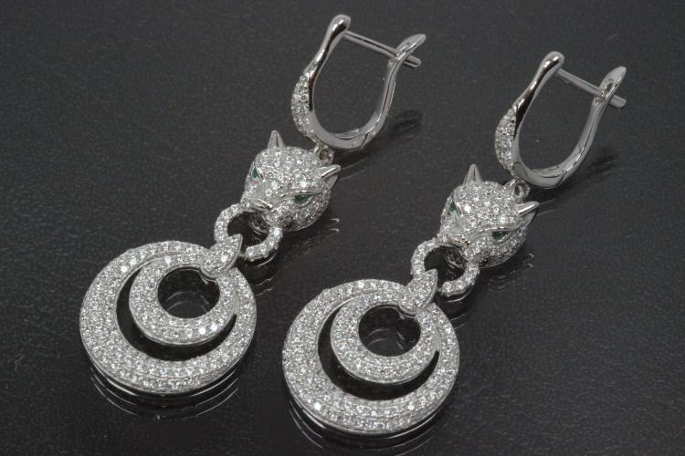 aLEm earring Tiger head with Double Ring 925/- Silber rhodium plated, approx.size high 48,0mm incl.leverback and Cubic Cirkonia, wide 18,0mm, thickness 5,0mm