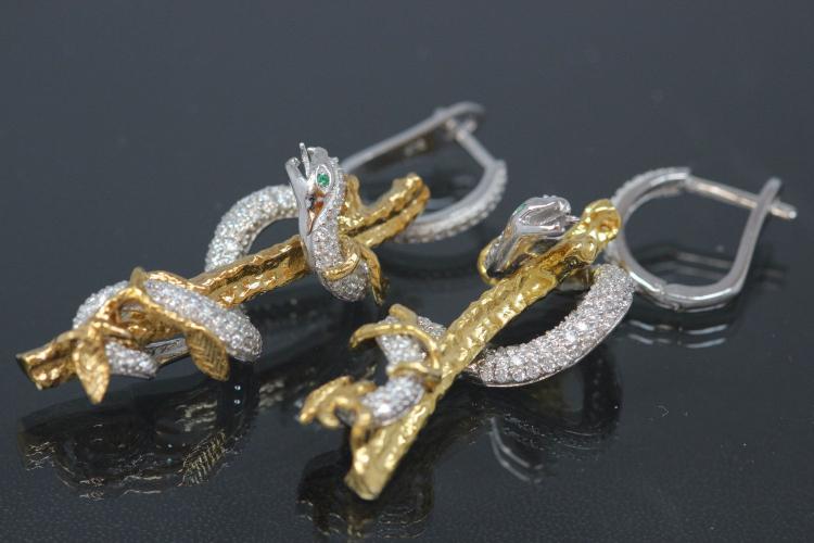 aLEm Earrings Snake on tree of the collection Wild Life by alain LE mondial, 925/- Silver partially gold plated, partially rhodium plated, leverback with Cubic Zirconia,approx size high 50,0mm, wide 15,0mm, thickness 12,2mm,