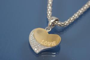 Pendant Heart 925/- silver, engraved  LOVE rhodium plated / partially gold plated with Zirconia,