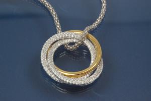 Pendant three Rings 925/- silver rhodium plated / partially gold plated and Zirconia,