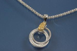 Pendant three Rings 925/- silver rhodium plated / partially gold plated and Zirconia