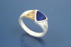 Ring 925/- Silber teilvergoldet, 1x Lapislazuli Dreiecksform, 3x Zirkonia, poliert/mattiert