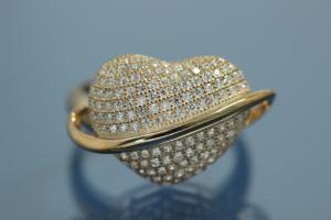 Ring 925/- Silver gold plated ring head heart shape with with round Zirconia, Size 54