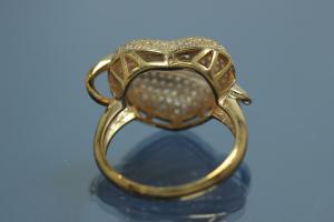 Ring 925/- Silver gold plated ring head heart shape with with round Zirconia, Size 54