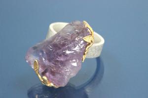 Ring with Amethyst-natural Nugget 925/- Silver partially gold plated, Steiners special finishing,