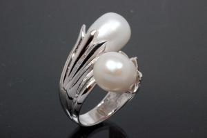 Ring, Lilien Blumen-Design 925/- Silber mit 2x Süßwasserperle (SWP)