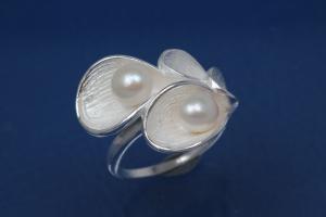 Ring, Blossom Design with 2x Freshwater Pearls (FWP) 925/- Silver