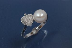 Ring im Herz-Design 925/- Silber rhodiniert mit weißen Zirkonia und Süßwasserperle ca. Ø7,7mm (SWP), poliert