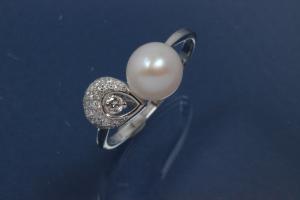 Ring im Perlring-Design mit Tropfenform 925/- Silber rhodiniert mit weißen Zirkonia und Süßwasserperle ca. Ø7,5mm (SWP), poliert