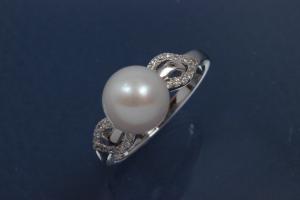 Ring im Perlring-Design 925/- Silber rhodiniert mit weißen Zirkonia und Süßwasserperle ca. Ø9,0mm (SWP), poliert