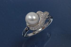 Ring mit Sichelform im Perlring-Design 925/- Silber rhodiniert mit weißen Zirkonia und Süßwasserperle ca. Ø7,5mm (SWP), poliert