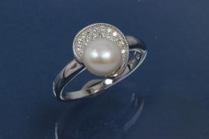 Ring mit Halbmond im Perlring-Design 925/- Silber rhodiniert mit weißen Zirkonia und Süßwasserperle ca. Ø7,6mm (SWP), poliert