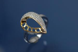 Ring bicolor 925/- Silver rhodium plated / partially gold plated, with white Cubic Zirconia