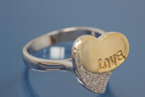 Ring bicolor mit Gravur Love 925/- Silber rhodiniert / teilvergoldet mit Zirkonia weiß, poliert