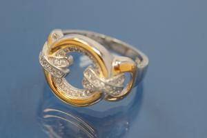 Ring bicolor 925/- Silver rhodium plated / partially gold plated, with white Cubic Zirconia