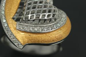 Ring Herz mit Kader 925/- Silber teilrhodiniert / teilvergoldet mit Zirkonia weiß, poliert/mattiert