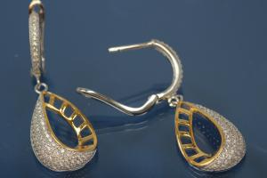 Ohrhänger mit gefasster Brisur 925/- Silber ca. Maße H39,0mm incl. Brisur, B13,5mm rhodiniert / teilvergoldet mit Zirkonia.