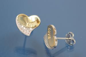 Earring post with Heart 925/- silver, engraved  LOVE, approx sizes H 10,0mm, B 11,5mm rhodium plated / partially gold plated with Zirconia