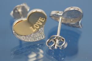 Earring post with Heart 925/- silver, engraved  LOVE, approx sizes H 10,0mm, B 11,5mm rhodium plated / partially gold plated with Zirconia