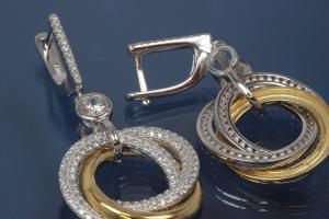 Ohrhänger mit drei Ringen 925/- Silber ca. Maße H46,0mm incl. gefasster Brisur, B22,0mm rhodiniert / teilvergoldet .