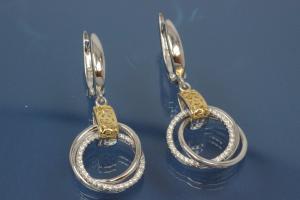 Ohrhänger mit drei Ringen 925/- Silber ca. Maße H37,5mm incl. polierter Brisur, B18,0mm rhodiniert / teilvergoldet .