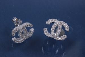 Earring post approx size 9,0 x 11,5mm, with ca.Cubic Zirconia, polished, 925/- Silver rhodium plated