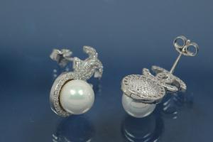 Earring post with Pearl approx size 17,5 x 10,5mm, with ca.Cubic Zirconia, polished, 925/- Silver rhodium plated