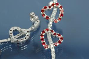 Earring Hearts & Teardrop 925/- Silver rhodium plated with Cubic Zirconia white/red, Width ca. 12,7mm, Length ca. 62,5mm,