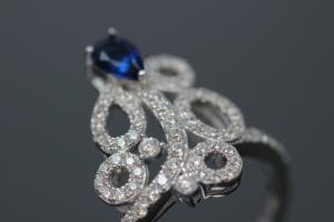 aLEm Ring  Royal Sea of Blossoms  with blue and white Zirconia 925/- Silver rhodium plated