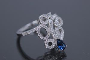 aLEm Ring  Royal Sea of Blossoms  with blue and white Zirconia 925/- Silver rhodium plated