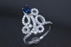 aLEm Ring  Royal Sea of Blossoms  with blue and white Zirconia 925/- Silver rhodium plated