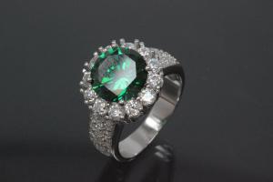 aLEm Ring with small white and big emerald green Zirconia 925/- Silver rhodium plated