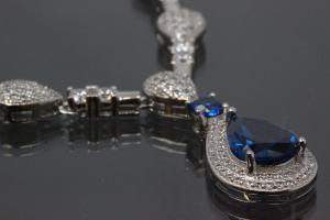 aLEm necklace  Teardrop of the Midnight  with sapphire color and white Zirconia 925/- Silver  rhodium plated with trigger clasp