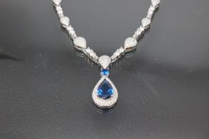 aLEm necklace  Teardrop of the Midnight  with sapphire color and white Zirconia 925/- Silver  rhodium plated with trigger clasp