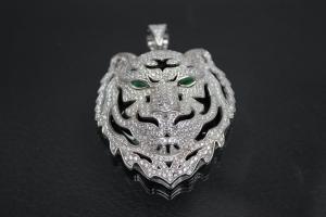 aLEm Pendant Tiger of Jungle 925/- Silver rhodium plated with round white and navett green emerald Zirconia,