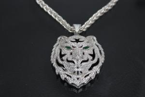 aLEm Pendant Tiger of Jungle 925/- Silver rhodium plated with round white and navett green emerald Zirconia,