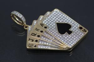 aLEm Anhänger Poker Face Pokerblatt Royal Flush in Pik 925/- Silber vergoldet / teilrhodiniert mit Zirkonia,